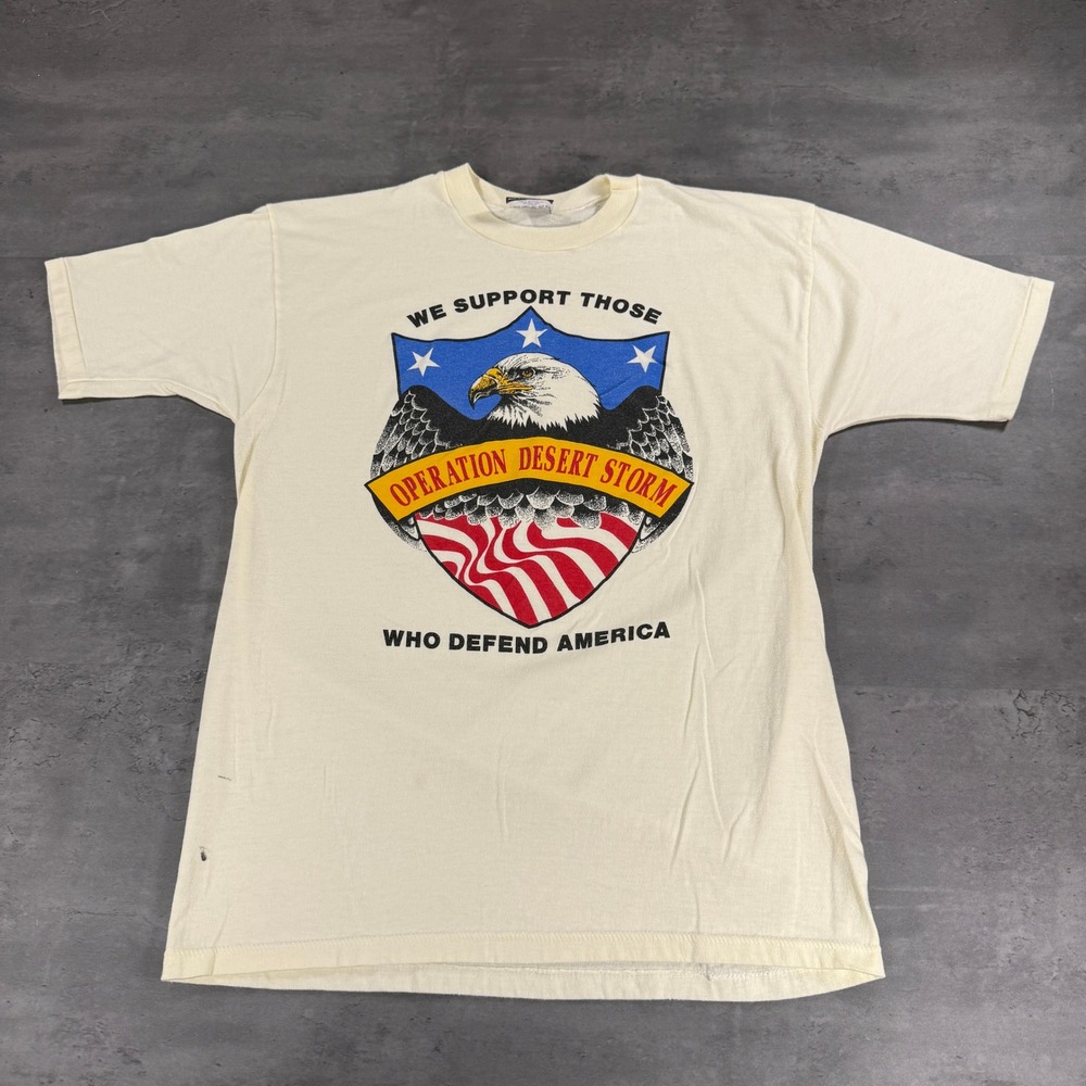 Vintage 90s Operation Desert Storm T-Shirt XL Cream Graphic Military Paper Thin